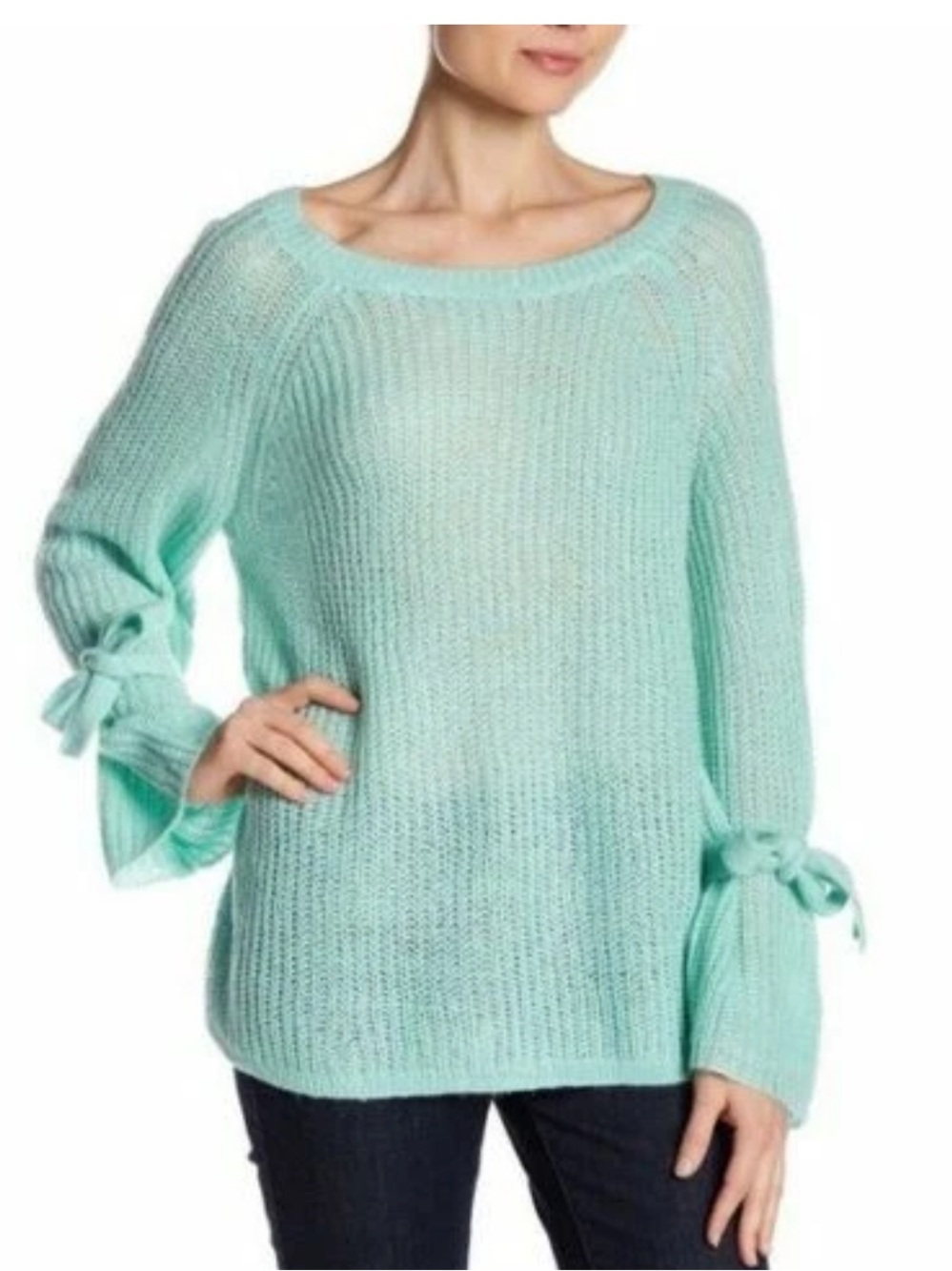 Project NAADAM Women’s Large Open Knit Bell Sleeve Tied Sweater Mint Green